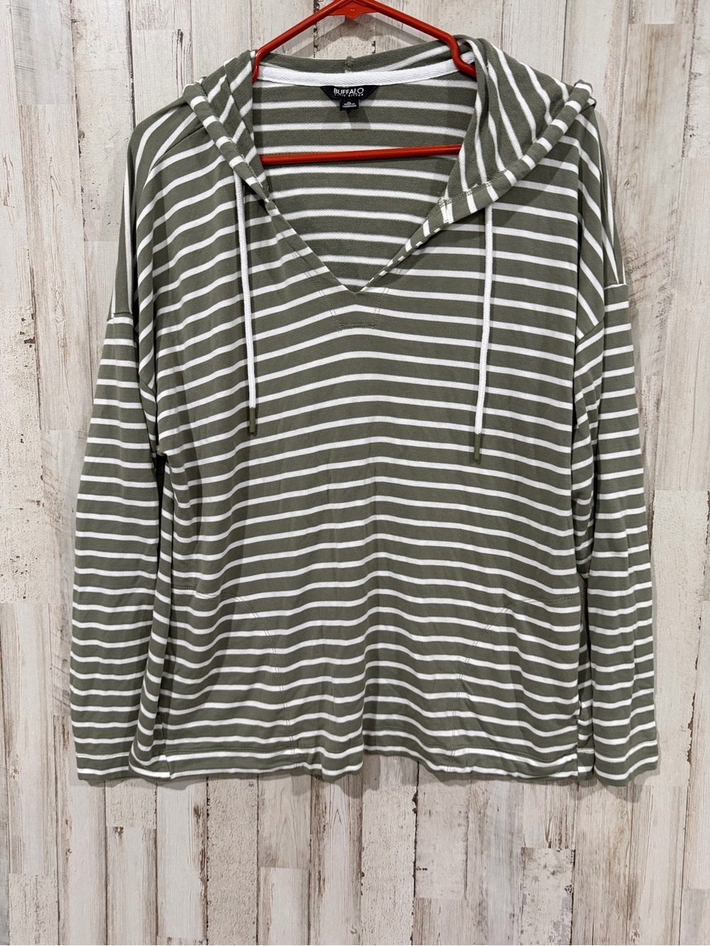 Buffalo David Bitton Olive and White Striped Hooded V-Neck Sweatshirt